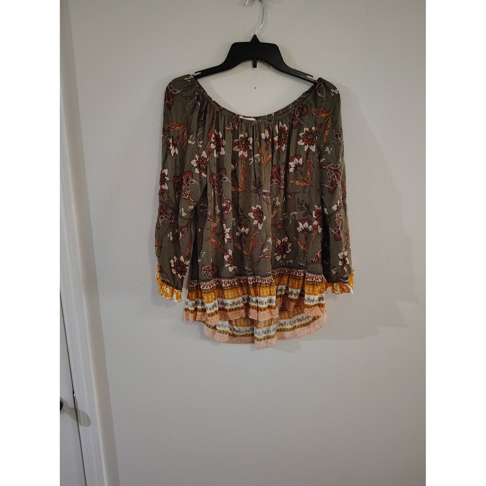Fever Boho Floral Off The Shoulder Ruffle Blouse Olive Green Orange Medium